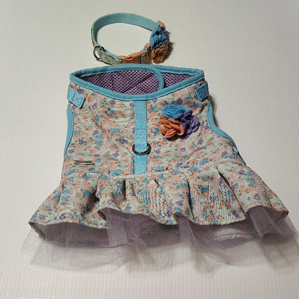 BlueberryPet Blue Purple Peach Floral Print Dog Dress and Collar Matching Set 🐕